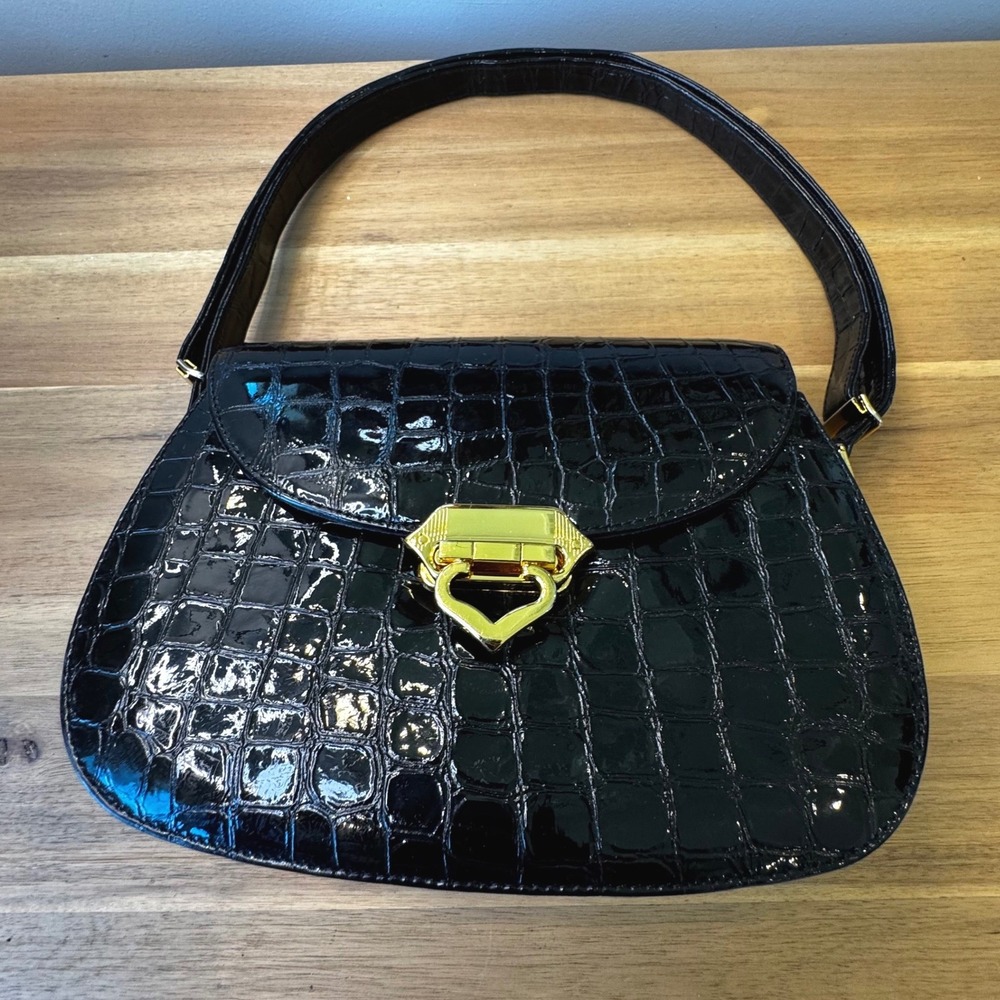 Ashneil Vintage Black Croc Embossed Patent Leather Crossbody Bag Gold Heart Lock